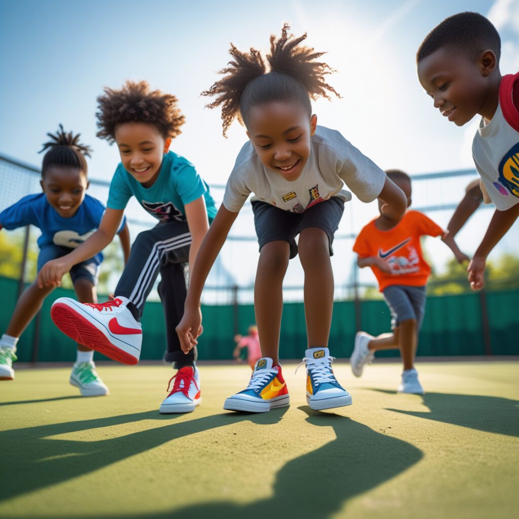 Kids wearing colorful sneakers at school and sports practice
