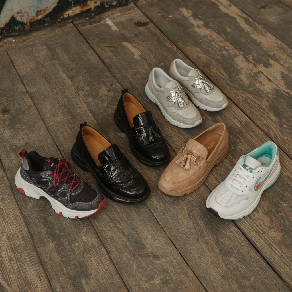 A lineup of diverse fall 2025 sneakers including chunky, sleek, sustainable styles