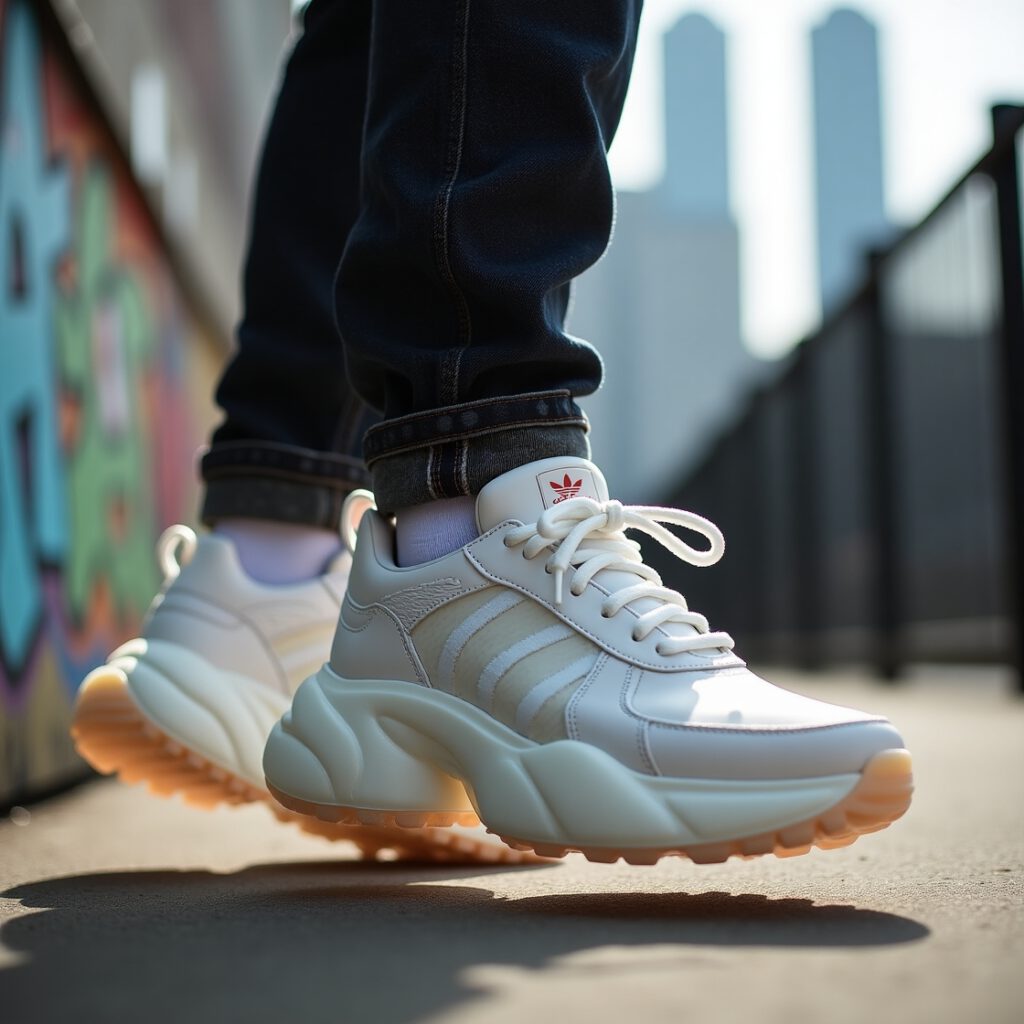 Chunky Pharrell x adidas Jellyfish sneaker in off‑white and orange