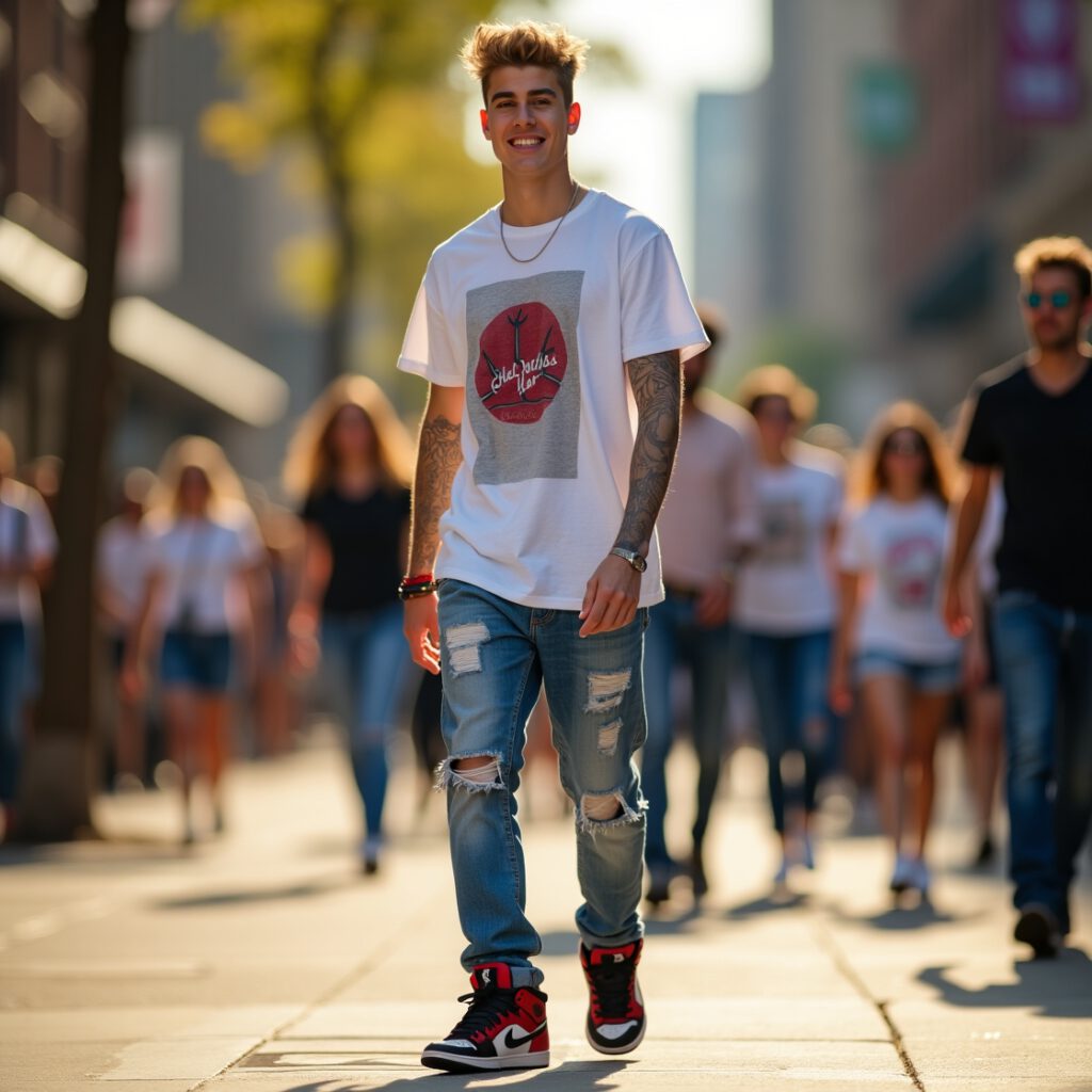 Justin Bieber showing off his sneakers
