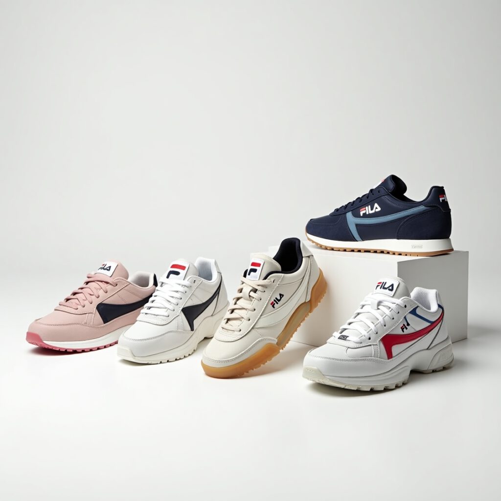 A lineup of iconic Fila sneakers including Disruptor, Ray Tracer, Recade, Orbit and Hypert