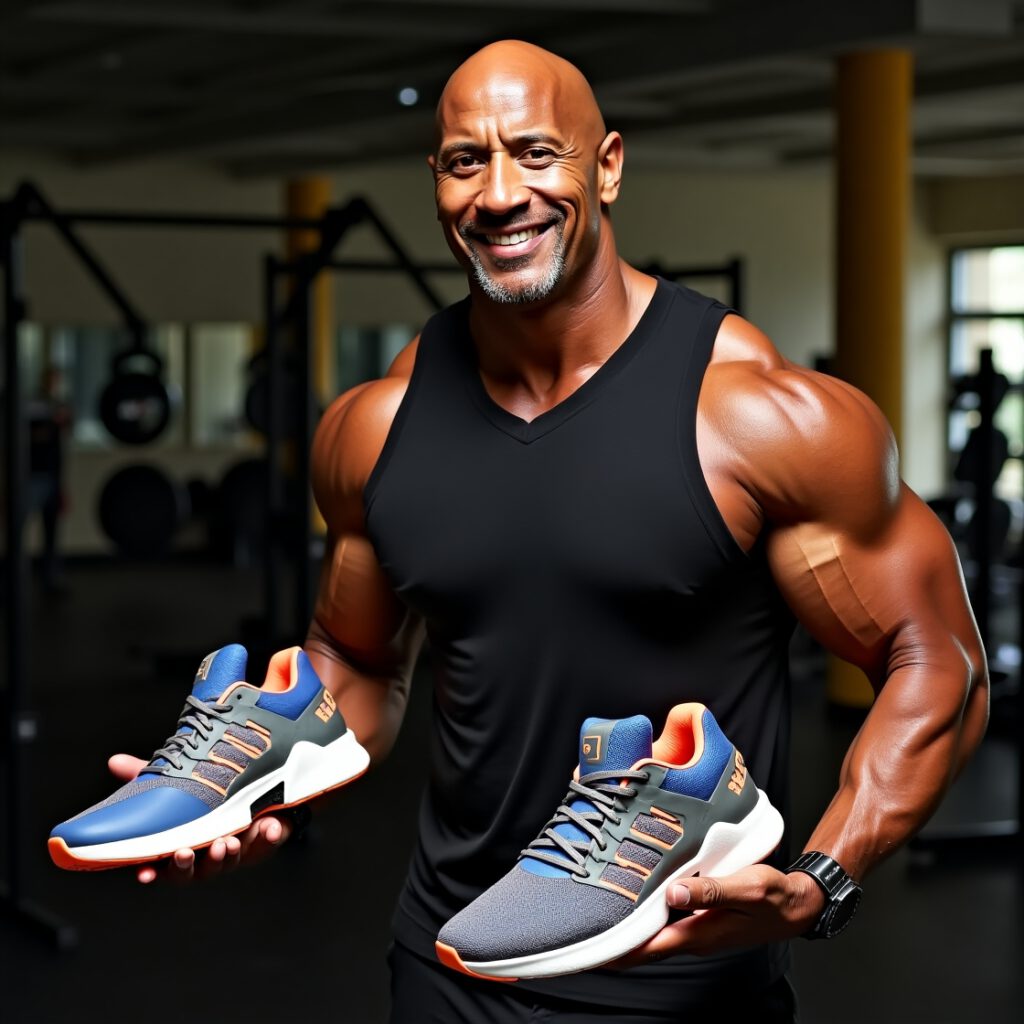 Dwayne Johnson wearing Project Rock sneakers and showing off his biceps