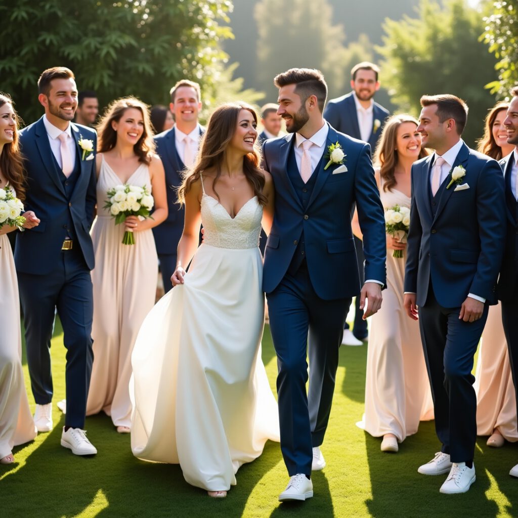 Groomsmen wearing matching white sneakers at a wedding