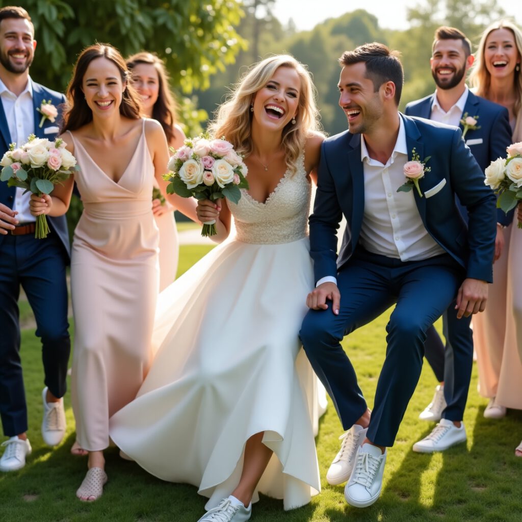 Bride and groom wearing matching wedding sneakers