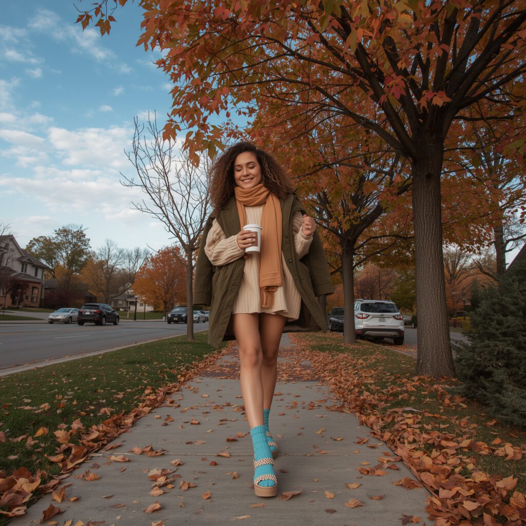 Chunky platform sandals styled with cozy fall socks
