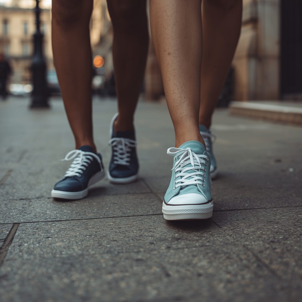 A couple walking side by side wearing matching sneakers