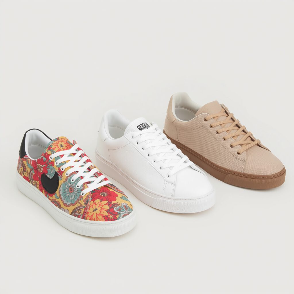 Three Nike sneakers side by side: flashy colorful pair, clean white pair, minimalist muted pair