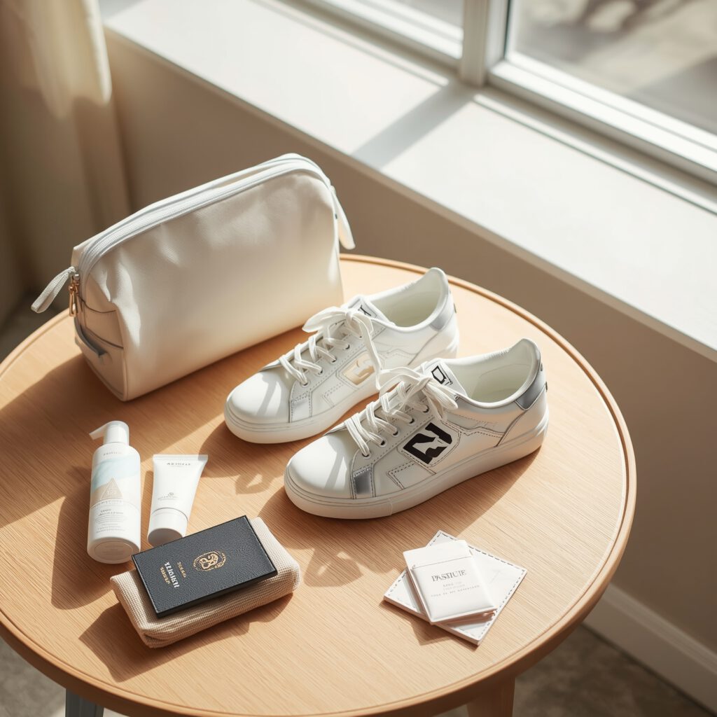 Travel sneaker kit essentials with shoes and care tools