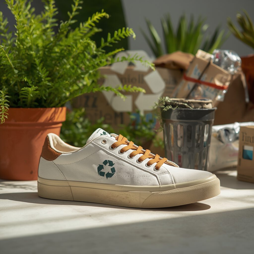 Pair of sustainable sneakers beside recycling icon