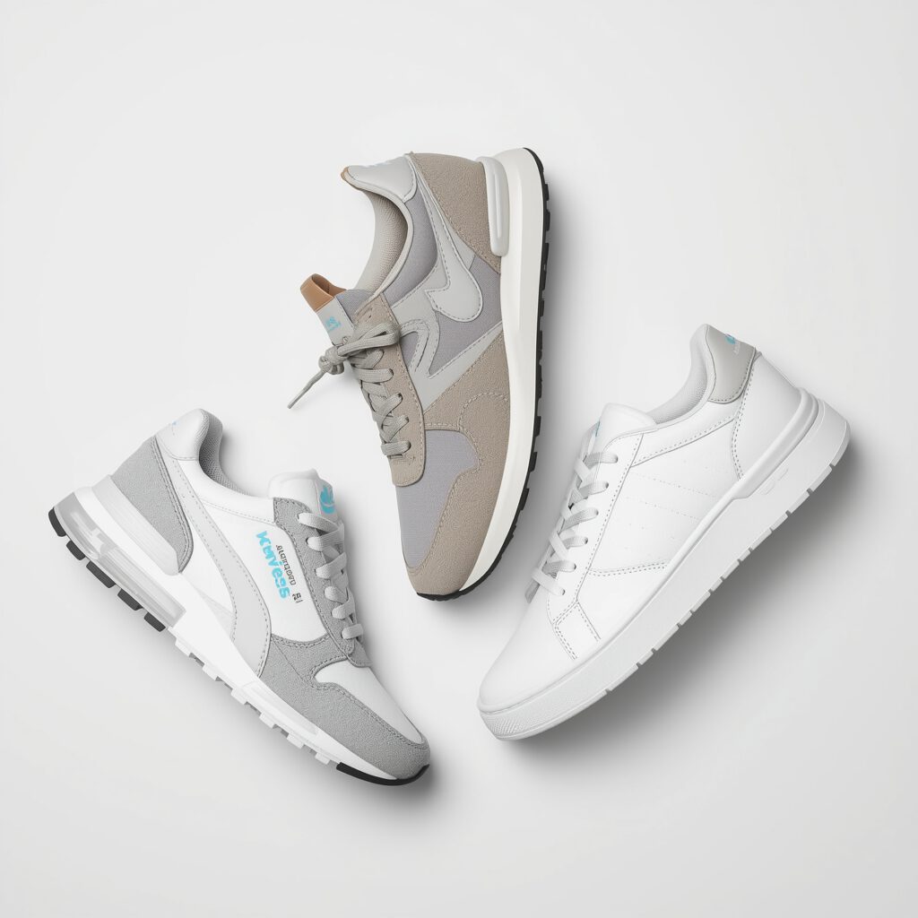 a flat lay of chunky, retro, and sleek sneakers side by side