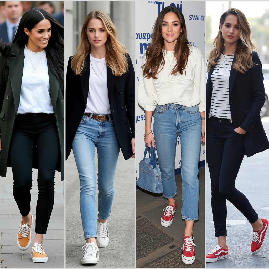five celebrities each wearing stylish sustainable sneakers outdoors