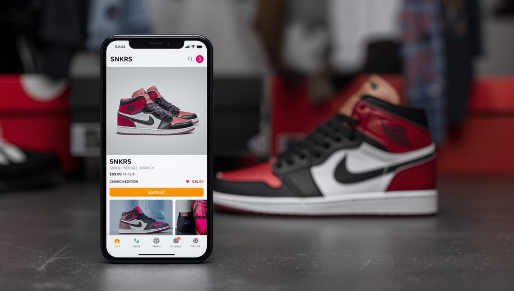 Sneakerhead using Nike SNKRS app on phone to buy new release