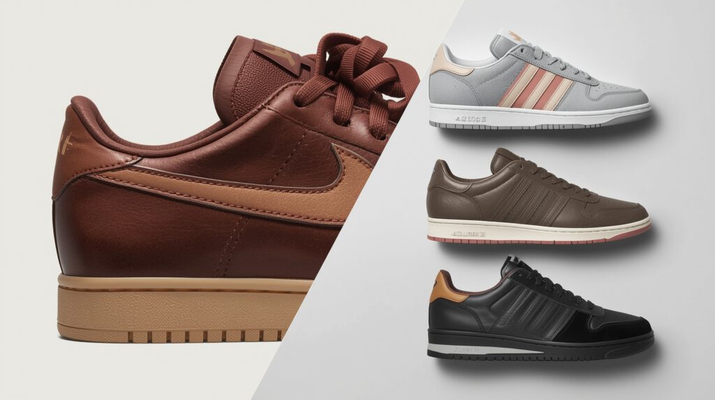 One premium sneaker next to several budget sneakers