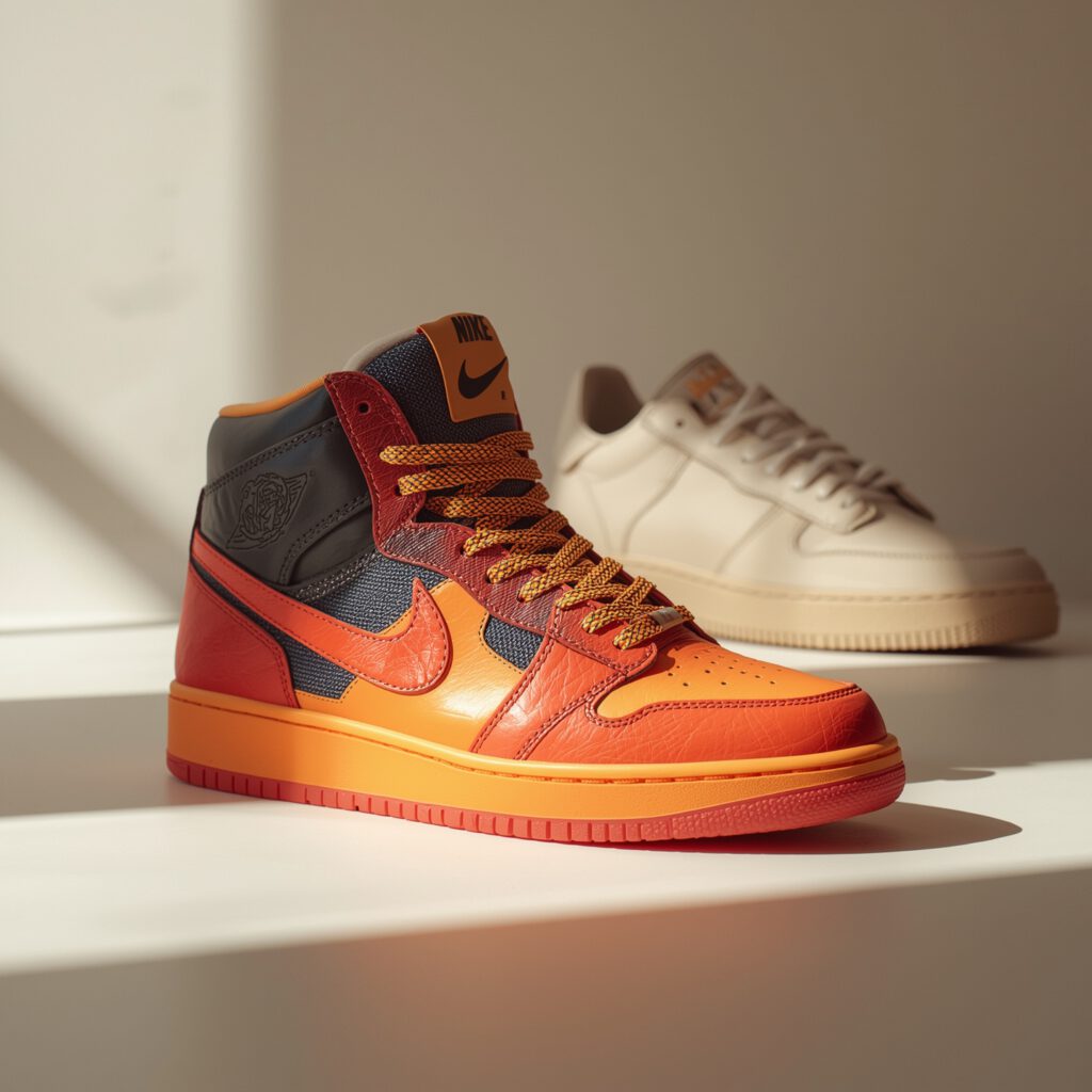 Two pairs of sneakers side by side, one bold and colorful, one minimalist and clean