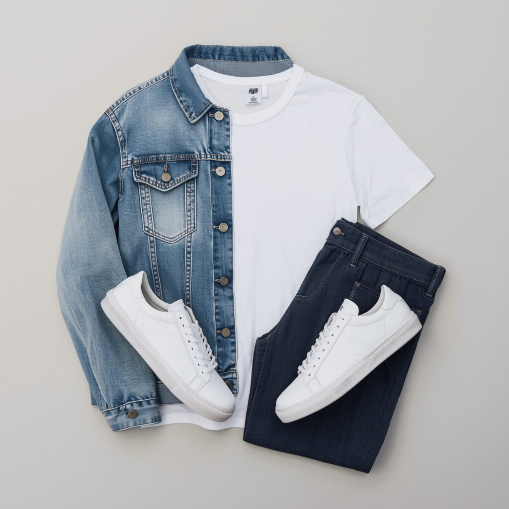 Pair of clean sneakers next to stylish clothes