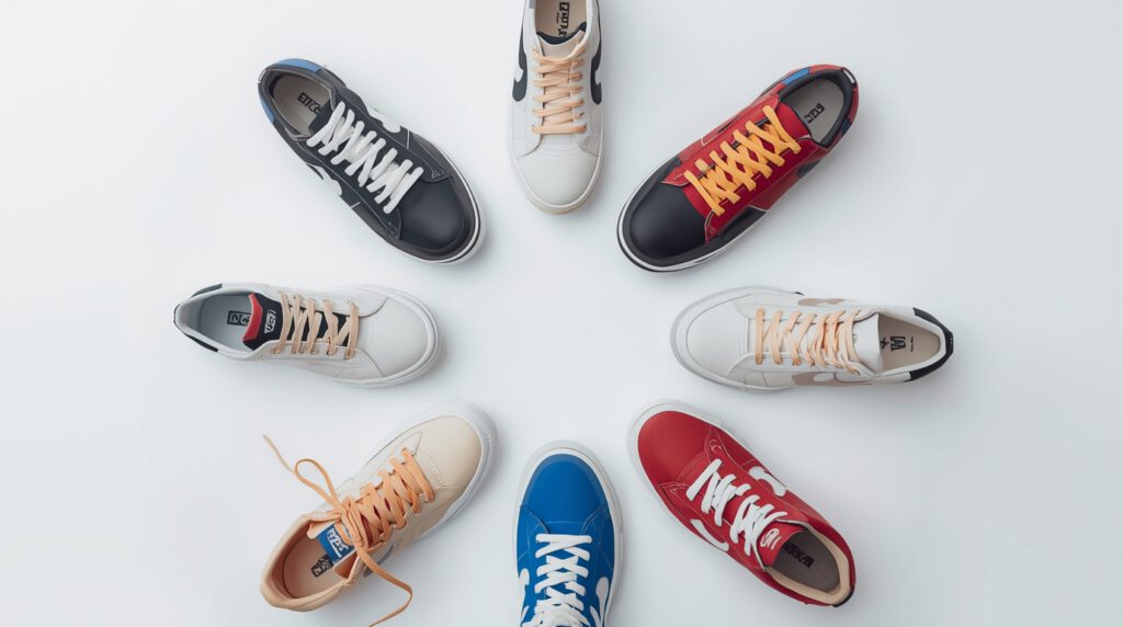 A flat lay photo of four pairs of affordable and versatile sneakers: white leather, comfortable running, bold colored, and dark beater shoes.