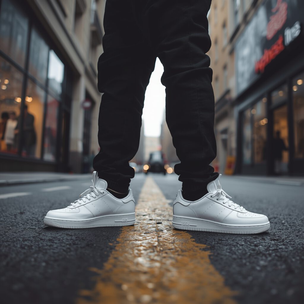 A person looking down at their own sneakers, contemplating their next purchase.