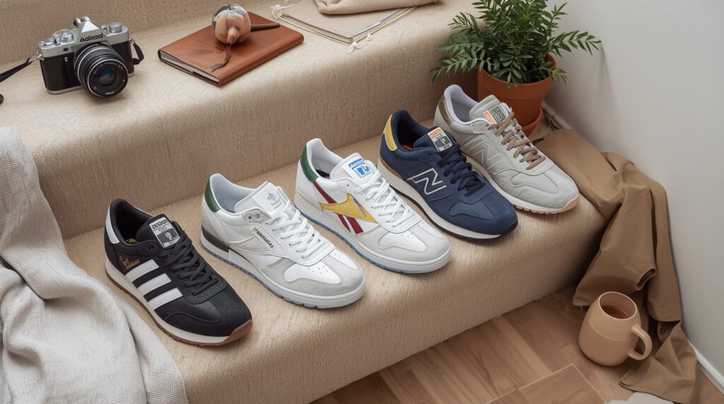 A photo of a curated collection of five timeless underrated sneakers: Adidas Samba, Nike Killshot 2, Diadora B. Elite, Reebok Club C 85, and New Balance 990v5 on a neutral background.