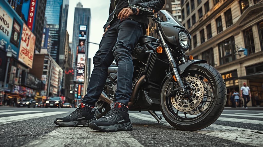 Stylish sneakers designed for motorcycle riders on the street