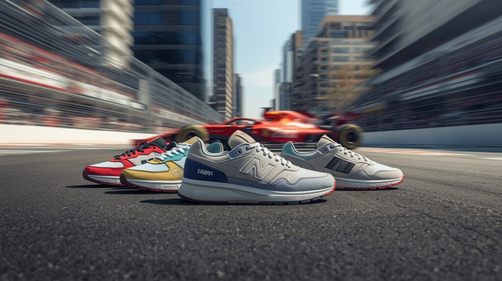 Sneakers with F1 car in the background showing speed and style