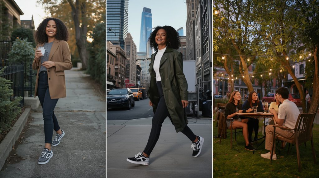 Person wearing Skechers sneakers from morning to night