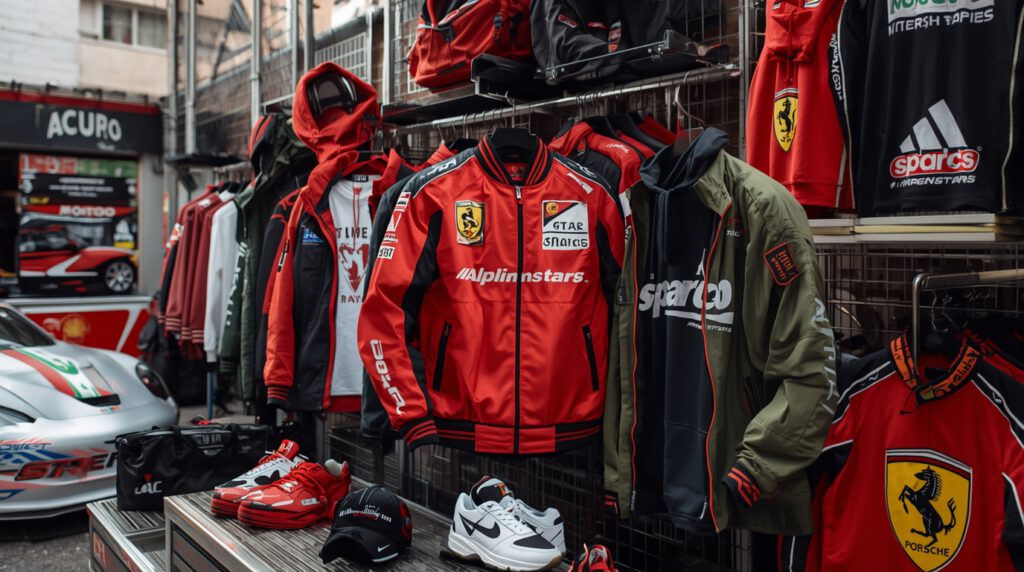 streetwear outfits inspired by top racing brands like Ferrari, Porsche, Sparco, and Alpinestars