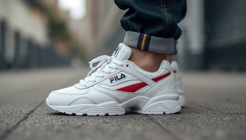 White Fila Disruptor chunky sneaker on urban street